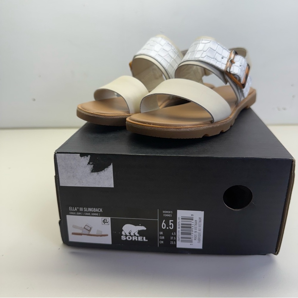 NIB Sorel Ella III Slingback Sandal Chalk White Leather Strappy Comfort 6.5 - Picture 2 of 6